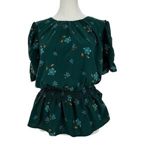 Lucy & Kelly Floral Peplum Blouse Women S Green Puff Sleeve Smocked Waist Top